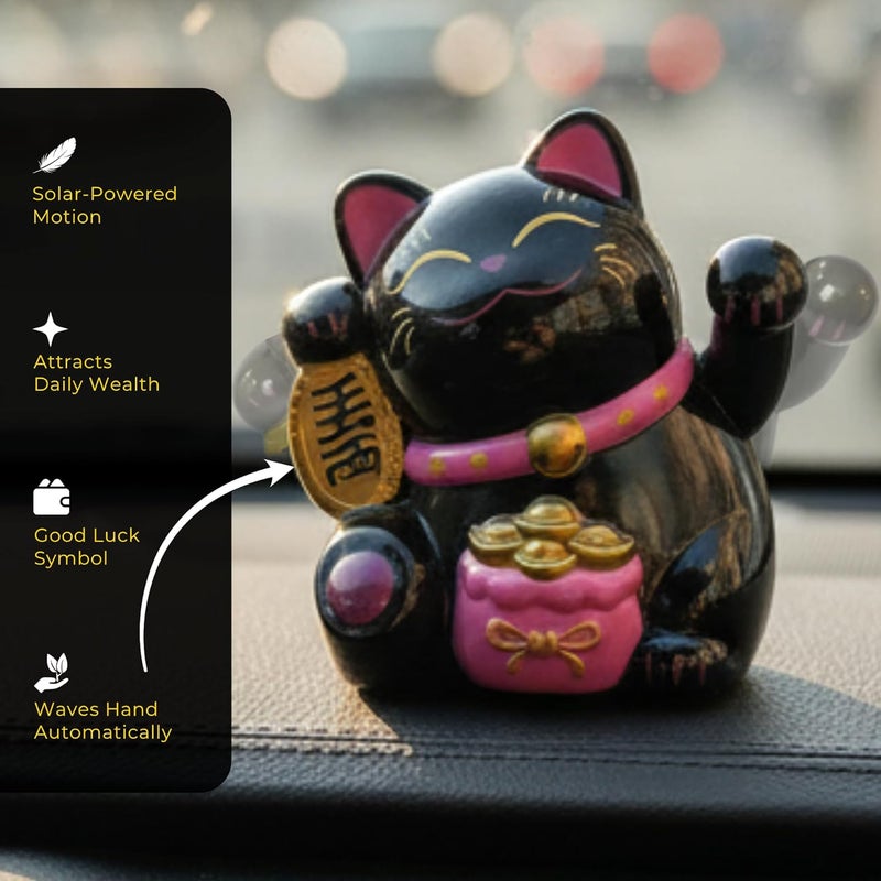Caaju 5 cm Plastic Maneki Neko Lucky Cat - Waving Arm Solar Powered Good Luck Wealth Decor (Black) - Image 3